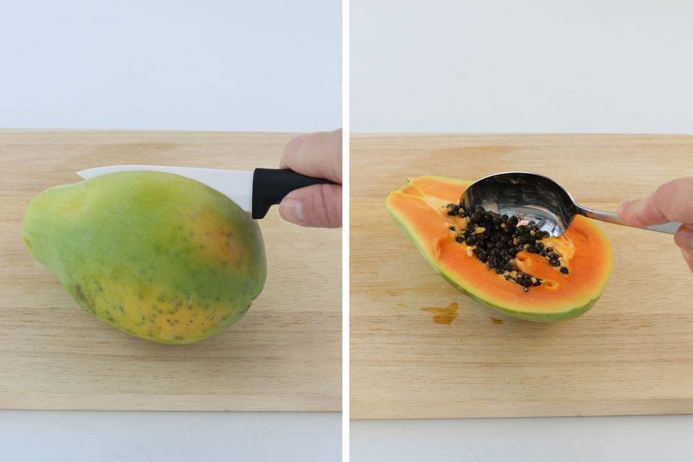 Papaya aufschneiden und Kerne entnehmen