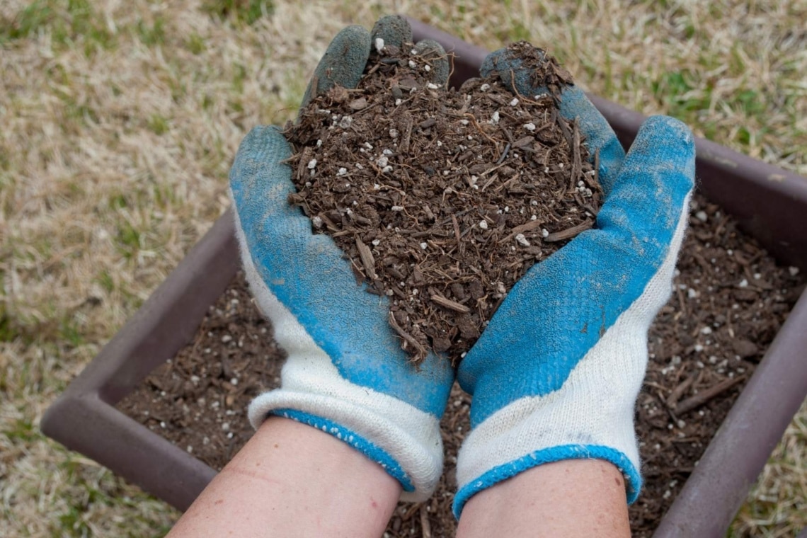 Blumenerde mit Fasern in der Hand gehalten