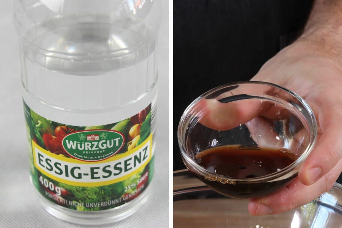 Flasche Essigessenz und Schälchen Balsamicoessig