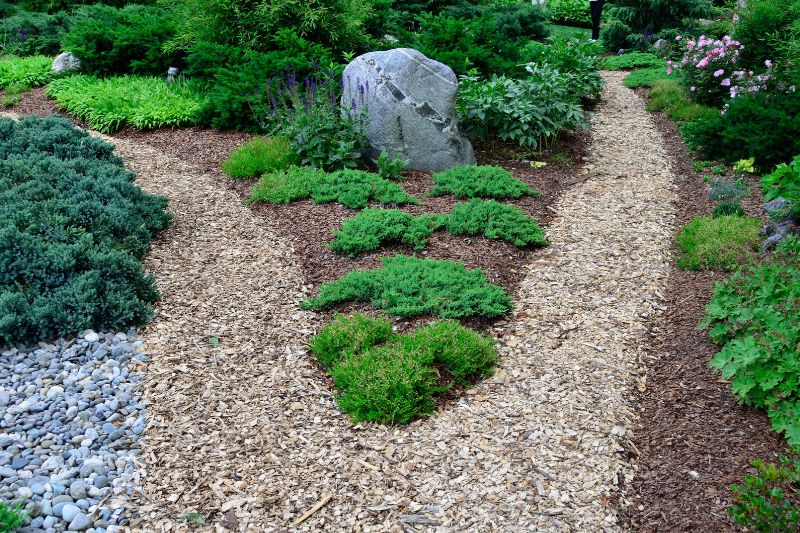 Hackschnitzel als Weg im Garten zwischen den Beeten