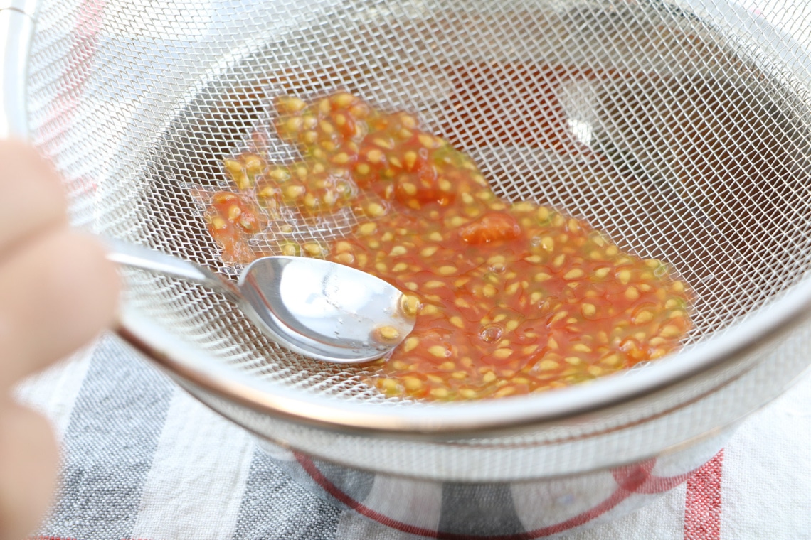 Tomatensamen durch Sieb gewinnen